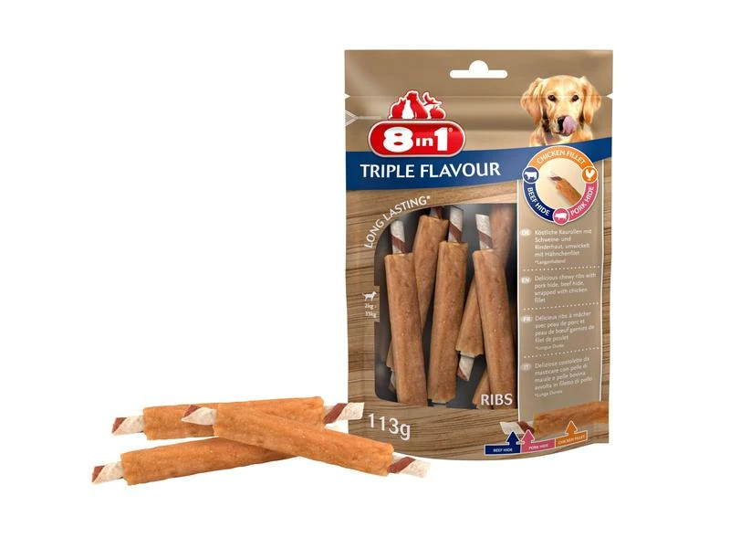 8in1 Kausnack Triple Flavour Ribs, 6 Stk., 113 g 1 8in1 Kausnack Triple Flavour Ribs, 6 Stk., 113 g